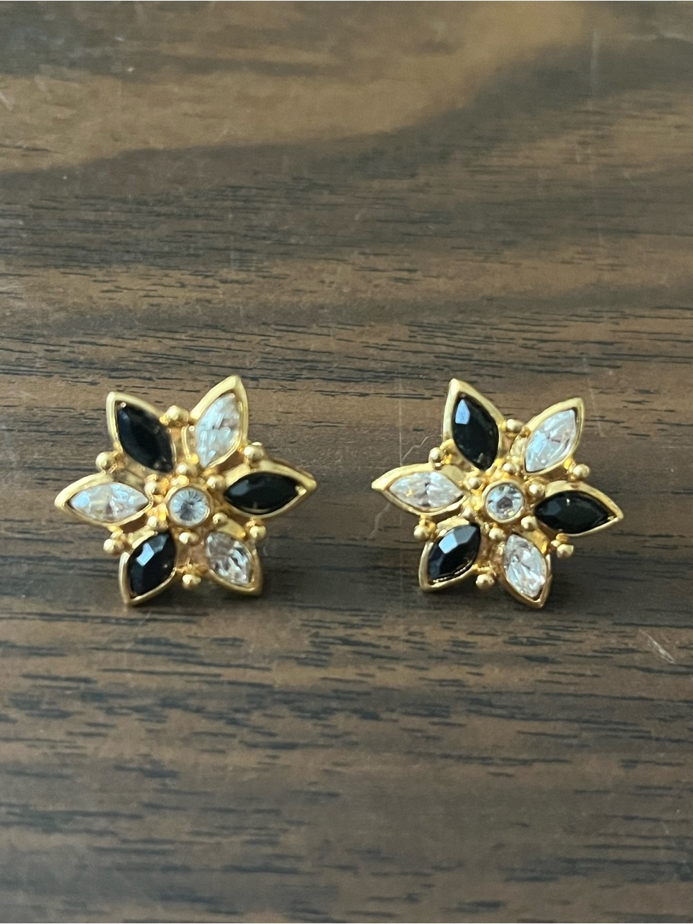 Vintage Goldtone Flower Shaped Post Earrings with Clear and Black Rhinestones